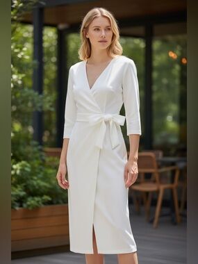 Classic White Wrap Midi Dress with Tie Waist